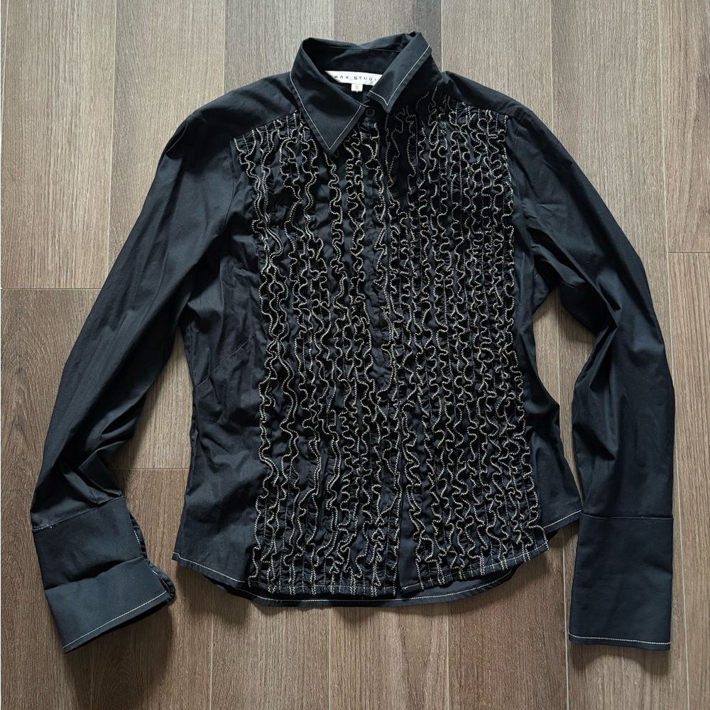 Black Ruffled Front Button-Up Shirt